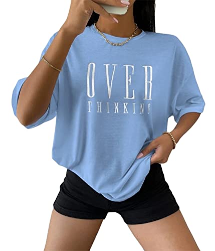 Tomwell Damen T-Shirt Kurzarm Sport Sommer Oberteile Oversized T-Shirt mit Buchstaben Druck Sweatshirt Lose Rundhals Bluse Teenager Mädchen Top Tunika A Blau L von Tomwell