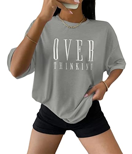 Tomwell Damen T-Shirt Kurzarm Sport Sommer Oberteile Oversized T-Shirt mit Buchstaben Druck Sweatshirt Lose Rundhals Bluse Teenager Mädchen Top Tunika Lang A Hellgrau M von Tomwell