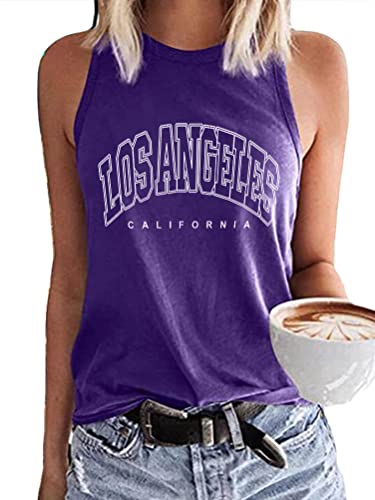 Tomwell Damen Tank Top Ärmellose Sommer Los Angeles Brief T Shirt Tops Rundhals Sport Oberteile Basic Sweatshirt Tops Lose Drucken Bluse Tunika Lang für Teen Girls A Violett XXL von Tomwell