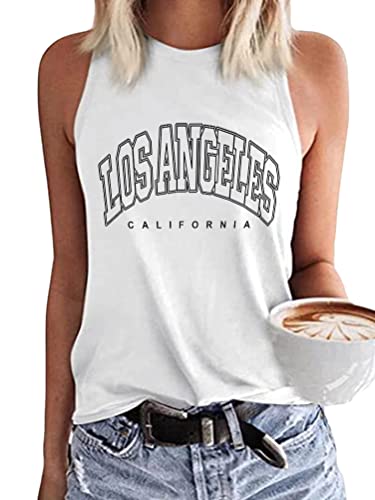 Tomwell Damen Tank Top Ärmellose Sommer Los Angeles Brief T Shirt Tops Rundhals Sport Oberteile Basic Sweatshirt Tops Lose Drucken Bluse Tunika Lang für Teen Girls A Weiß S von Tomwell