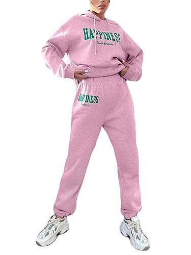 Tomwell Damen Tracksuit Langarm Einfarbig Zweiteiler Outfit Hoodie Jogger Trainingsanzug Set Buchstaben Druck Sweatshirt & Jogginghose Frauen Lose Sportanzug mit Kapuze A Rosa L von Tomwell