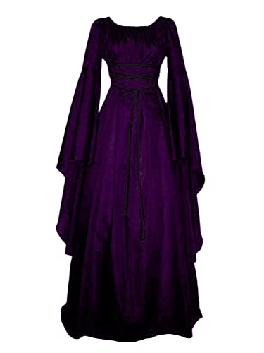 Tomwell Damen Vintage Mittelalter Elegante Lang Kleider Schnürkleid Retro Renaissance Cosplay Dress Party Festlich A-Linie Bodenlang Maxikleid Halloween Kostüm Viktorianische B Violett XL von Tomwell