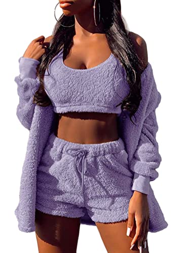 Tomwell Damen Winter 3 Stücke Sport Anzug Fleece Plüsch Strickjacke Pullover Crop Top Lässig Short Sportanzug Freizeitanzug A Violett S von Tomwell