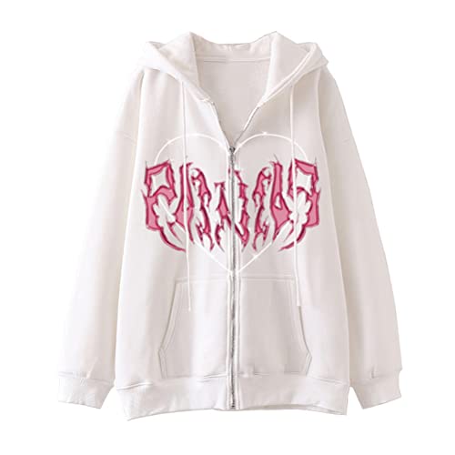 Tomwell Damen Y2K Jacke Zip Up Hoodies Goth Skeleton Strass Graphics Harajuku Oversized Sweatshirt Vintage Kapuzenjacke Kordelzug Sweatjacke mit Kapuze 90er E-Girl Top T Weiß XL von Tomwell