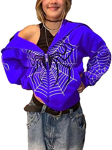 Tomwell Damen Y2K Jacke Zip Up Hoodies Goth Spinnen Graphics Harajuku Sweatshirt Vintage Kapuzenjacke Kapuzenpullover Unisex Kordelzug Sweatjacke mit Kapuze 90er E-Girl Top A Blau S von Tomwell