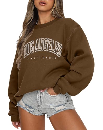 Tomwell Damen übergroße Sweatshirt Los Angeles Vintage Oversized Langarmshirt Rundhals Pullover Teenager Mädchen Casual Oberteile Tops Winter Herbst Streetwear Pulli B Braun XXL von Tomwell