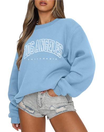 Tomwell Damen übergroße Sweatshirt Los Angeles Vintage Oversized Langarmshirt Rundhals Pullover Teenager Mädchen Casual Oberteile Tops Winter Herbst Streetwear Pulli B Hellblau M von Tomwell