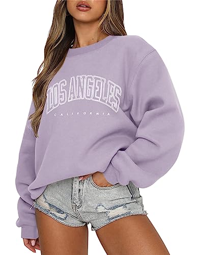 Tomwell Damen übergroße Sweatshirt Los Angeles Vintage Oversized Langarmshirt Rundhals Pullover Teenager Mädchen Casual Oberteile Tops Winter Herbst Streetwear Pulli B Violett L von Tomwell