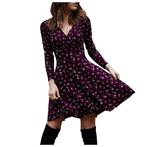 Tomwell Damenkleid Böhmisches Blumenkleid Retro V-Ausschnitt Langarmkleid Herbst und Winterkleid Blusenkleid Minikleid Tunika Kleid Boho Bohemian Kleid Violett S von Tomwell