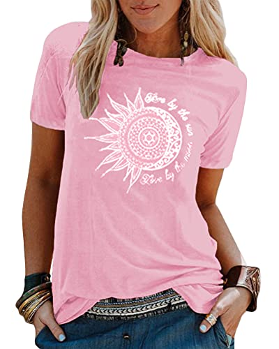 Tomwell Drucken Damen Oberteile Sommer Kurzarm Blusen T-Shirt Löwenzahn Blumen Drucken Rundhals Loose Oversize Shirt Retro Bluse Casual Bedruckt Asymmetrisch Oberteile Mode Top X Rosa XS von Tomwell