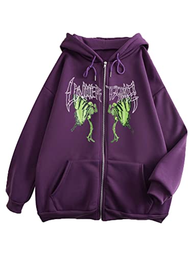 Tomwell Kapuzenpullover für Damen Herren Graphics Harajuku Sweatshirt Vintage Y2K Hoodies Kordelzug für Paare Druck Pullover mit Kapuze 90er E-Girl Streetwear Top B Violett M von Tomwell