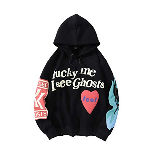 Tomwell Graffiti Brief Druck Sweatshirt Mit Kapuze Lucky me I See Ghosts Harajuku Hoodie Hip Hop Hoodie Kapuzenpullover Pullover (M, A Schwarz) von Tomwell