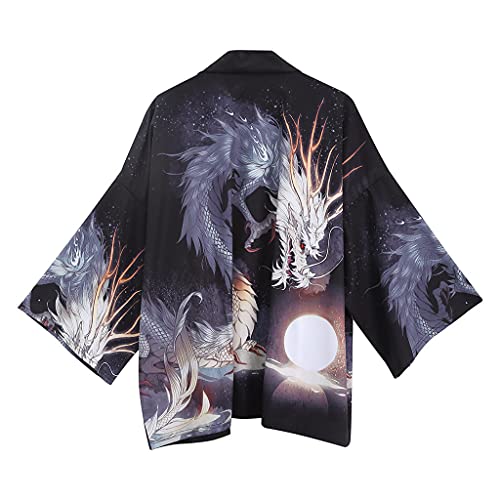 Tomwell Herren Japanischen Kimono Cardiqan Bademantel Morgenmantel Robe Dreiviertel-Ärmel Mit Lockerem Yin Yang und Drachen Drucken Unisex Lose Bluse Sommer Tops C XL von Tomwell