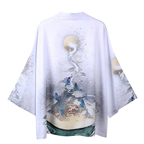 Tomwell Herren Japanischen Kimono Cardiqan Bademantel Morgenmantel Robe Dreiviertel-Ärmel Mit Lockerem Yin Yang und Drachen Drucken Unisex Lose Bluse Sommer Tops D Weiß M von Tomwell