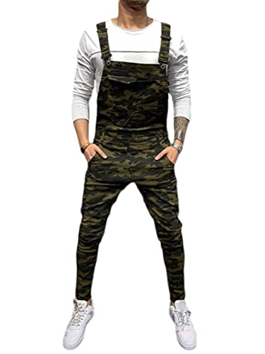 Tomwell Herren Jeans Latzhose Lange Jeanshose Jumpsuit Suspender Pants Retro Denim Bib Skinny Fit Streetwear Stone-Washed Zerreißen Arbeitshosen Qualität mit Taschen H Camouflage XL von Tomwell