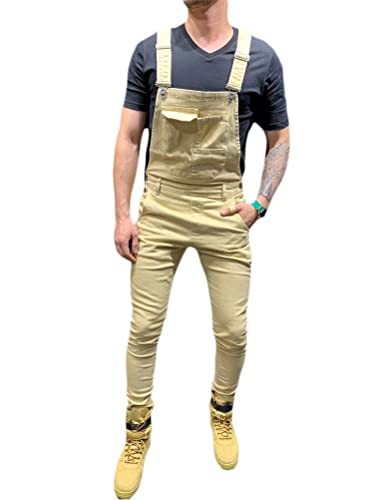 Tomwell Herren Jeans Latzhose Lange Jeanshose Jumpsuit Suspender Pants Retro Denim Bib Skinny Fit Streetwear Stone-Washed Zerreißen Arbeitshosen Qualität mit Taschen H Khaki L von Tomwell