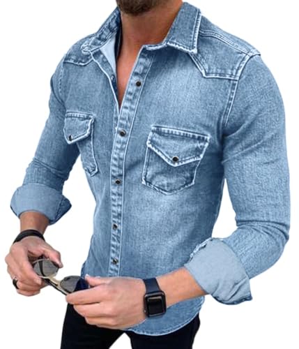 Tomwell Herren Jeansjacke Stehkragenhemd Retro Denim Tops Hemd Denimshirt Moden Design Shirt mit Brusttasche Langarm Slim Fit Casual Freizeithemd Hellblau XL von Tomwell