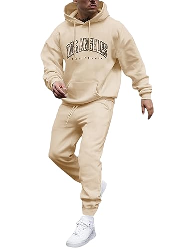 Tomwell Herren Jogginganzug 2 Teile Herbst Winter Sport Set Langarm Sportanzug mit Kapuze Männer Lose Trainingsanzug Los Angeles Brief Hoodie + Jogginghose für Fitness Gym B Beige L von Tomwell