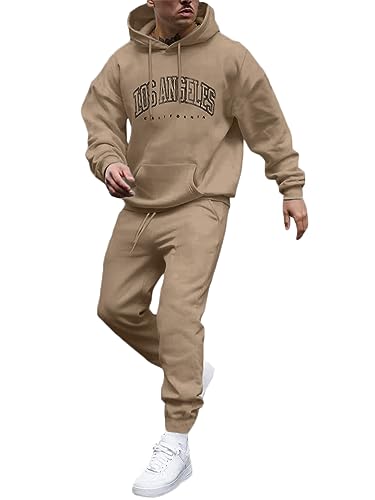 Tomwell Herren Jogginganzug 2 Teile Herbst Winter Sport Set Langarm Sportanzug mit Kapuze Männer Lose Trainingsanzug Los Angeles Brief Hoodie + Jogginghose für Fitness Gym B Khaki XL von Tomwell