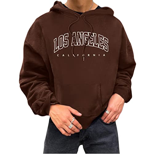 Tomwell Herren Kapuzenpullover Buchstaben Druck Langarm Pullover Lässiges Los Angeles Sweatshirt Warm Pulli mit Kapuze und Sports Casual Bequem Teenager Hoodie Mit Taschen D Kaffee M von Tomwell