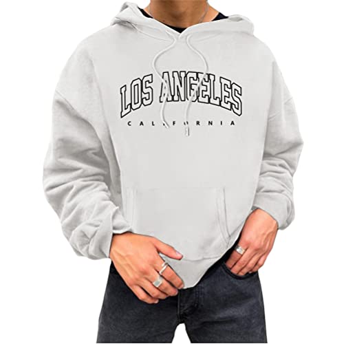 Tomwell Herren Kapuzenpullover Buchstaben Druck Langarm Pullover Lässiges Los Angeles Sweatshirt Warm Pulli mit Kapuze und Sports Casual Bequem Teenager Hoodie Mit Taschen D Weiß XS von Tomwell