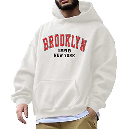 Tomwell Herren Kapuzenpullover Buchstaben Druck Langarm Pullover Lässiges Los Angeles Sweatshirt Warm Pulli mit Kapuze und Sports Casual Bequem Teenager Hoodie Mit Taschen D1 Weiß XXL von Tomwell