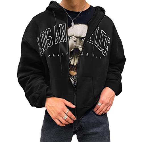 Tomwell Herren Kapuzenpullover Hoodie Druck Langarm Pullover Lässiges Los Angeles Sweatshirt Warm Pulli Sweatjacke mit Kapuze und Reißverschluss Sports A Schwarz XXL von Tomwell