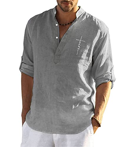 Tomwell Herren Leinenhemd Langarm Herren Hemd Button-down Sommerhemd Herren Regular Fit Freizeithemd Shirts V-Ausschnitt Blusen Oberteil Business Langarmhemd C Grau XL von Tomwell