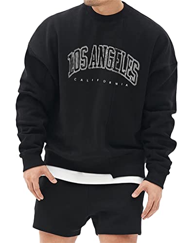 Tomwell Herren Sweatshirt Buchstaben Druck Langarm Rundhals Los Angeles Pullover Lässiges Patchwork Sweatshirt Warm Pulli Oversized Casual Bequem Teenager Sportbekleidung A Schwarz XXL von Tomwell