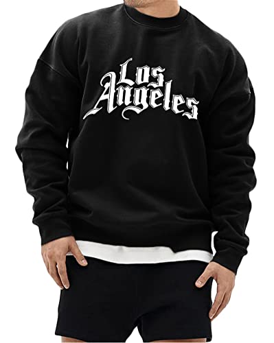 Tomwell Herren Sweatshirt Buchstaben Druck Langarm Rundhals Los Angeles Pullover Lässiges Patchwork Sweatshirt Warm Pulli Oversized Casual Bequem Teenager Sportbekleidung C Schwarz XXL von Tomwell