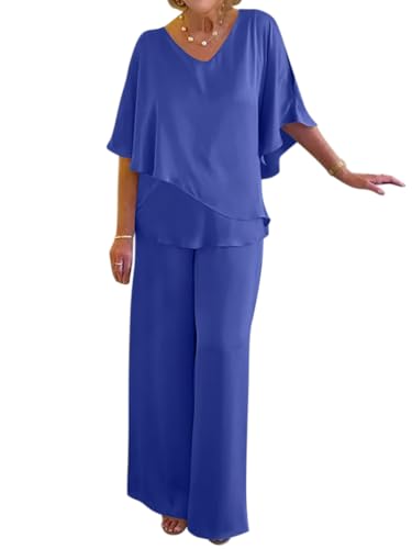 Tomwell Hosenanzug Damen Festlich Elegant Große Größen Tüll Abendanzug Sets Zweiteiler Hohe Taille Hosenanzug Elegant 2-Teiliges Set Outfit Hochzeit Cocktail Party Hosenanzug B Blau XXL von Tomwell