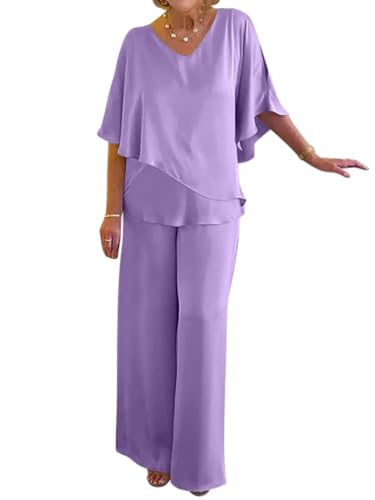 Tomwell Hosenanzug Damen Festlich Elegant Große Größen Tüll Abendanzug Sets Zweiteiler Hohe Taille Hosenanzug Elegant 2-Teiliges Set Outfit Hochzeit Cocktail Party Hosenanzug B Violett L von Tomwell