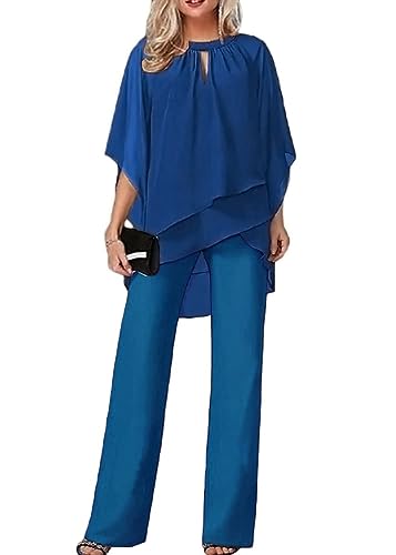 Tomwell Hosenanzug Damen Tüll Abendanzug Sets Zweiteiler Chiffon Shirt Und Hohe Taille Hosenanzug Elegant 2-Teiliges Set Outfit Cocktail Party Hosenanzug A Blau M A Blau M von Tomwell