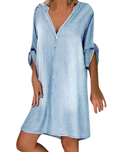 Tomwell Jeanskleid Damen Sommerkleid V-Ausschnitt Strandkleider Einfarbig A-Linie Kleid Blusenkleid Hemdkleid Kurzarm Swing Kleid Boho Knielang Kleid C Hellblau XXL Tomwell Jeanskleid Damen Sommerkleid V-Ausschnitt Strandkleider Einfarbig A-Linie Kleid Blusenkleid Hemdkleid Kurzarm Swing Kleid Boho Knielang Kleid C Hellblau XXL von Tomwell