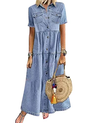 Tomwell Jeanskleid Sommerkleid Damen Jeans Kleider Strandkleider Einfarbig A-Linie Kleid Boho Knielang Kleid Denimkleid 1 Blau L von Tomwell