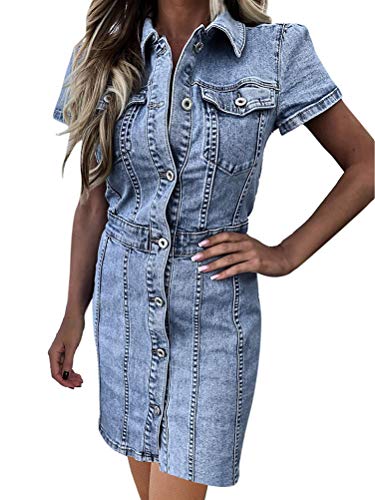 Tomwell Jeanskleid Sommerkleid Damen Jeans Kleider V-Ausschnitt Kurzarm Strandkleider Einfarbig A-Linie Kleid Boho Knielang Kleid Denimkleid D Blau L von Tomwell