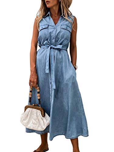 Tomwell Jeanskleider Damen Sommerkleid Jeans Kleider V-Ausschnitt Strandkleider Einfarbig A-Linie Kleid Blusenkleid Hemdkleid Knielang Kleid Denimkleid F Blau XL von Tomwell