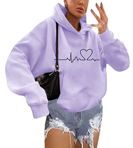 Tomwell Kapuzenpullover Für Damen Sweatshirt mit Kapuze Pullover Herbst Winter Lässig Hoodie Liebe Tierdruck Oberteil Tops Teenager Mädchen Pulli Sport Harajuku Streetwear A Violett XS von Tomwell