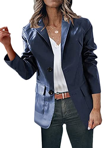 Tomwell Lederjacke Damen Langarm Pu-Strickjacke Oberteil Retro Einfarbig Casual Revers Knöpfen Kleiner Blazer Aus Leder Herbst Winter Streetwear C Blau XXL von Tomwell