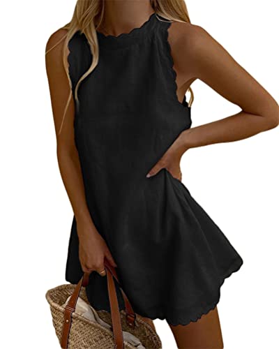 Tomwell Leinenkleid Damen Sommerkleid Leinen Kleider V-Ausschnitt Kurzarm Strandkleider Einfarbig A-Linie Kleid mit Tasche B Schwarz 40 von Tomwell
