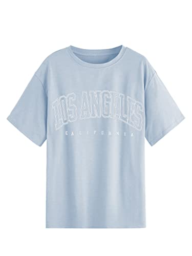 Tomwell Los Angeles T-Shirt Damen Kurzarm Sport Sommer Oberteile Oversize Tshirt Longshirt Lose Rundhals Drucken Bluse Teenager Mädchen Lang Tops Breite Schulter T-Shirt A Blau M von Tomwell