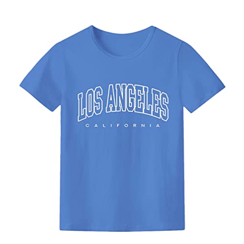 Tomwell Mädchen Los Angeles Brief T-Shirt Kinder T-Shirt Kurzarm Sport Sommer Oberteile Unisex Oversize Tshirt Lose Rundhals Drucken Bluse Jungen Mädchen Lang Tops A Hellblau 150 von Tomwell