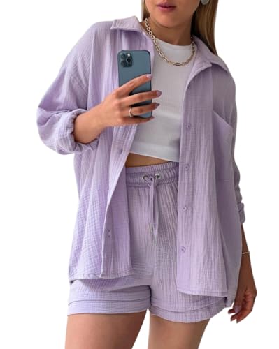 Tomwell Musselin Zweiteiler Damen Sommer Elegant Hosenanzug Outfits Kleidung Homewear Set Bluse Hemd und Shorts Baumwolle Strand Outfit Set A Violett XS von Tomwell