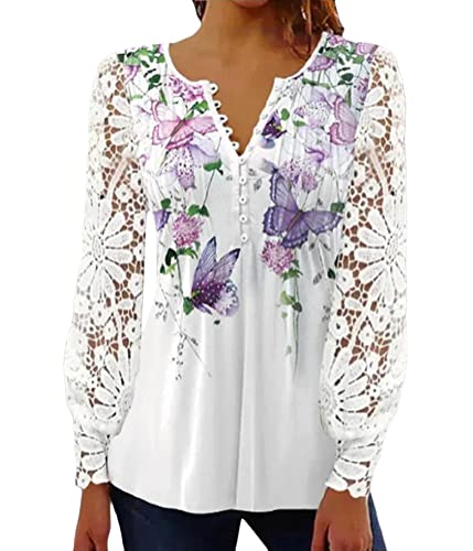 Tomwell Oberteile Damen Langarm Mode Bedruckte Spitze Bluse Langarmshirt Elegant Patchwork Frühling Sommer Oberteile Tunika Tops Streetwear C Violett XL von Tomwell