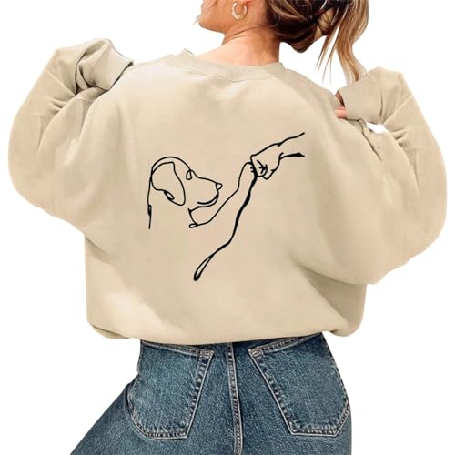 Tomwell Oversize Pullover Damen Elegant Blackprint Sweatshirt ohne Kapuze Fleece Oberteile Herbst Winter Warm Pulli Y2K Cartoon Bedruckter Pullover für Teenager Mädchen A Beige XS von Tomwell