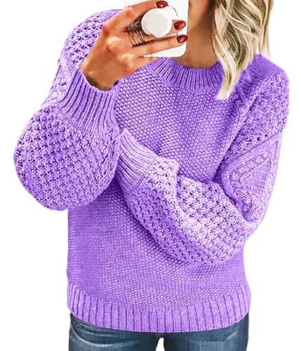 Tomwell Pullover Damen Strickpullover Elegant Feder Hohlpullover Casual V-Ausschnitt Langarm Jumper Lose Pulli Einfarbig Sweater Oberteile Tops Herbst Winter B Violett XL von Tomwell