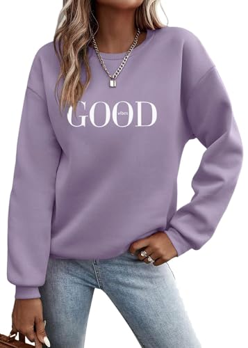 Tomwell Pullover Damen Sweatshirt ohne Kapuze Briefe Drucken Langarm Rundhals Warm Pulli Herbst Winter Frauen Buchstaben Druck Casual Oberteil Teenager Mädchen Sportbekleidung A Violett Dicker XL von Tomwell