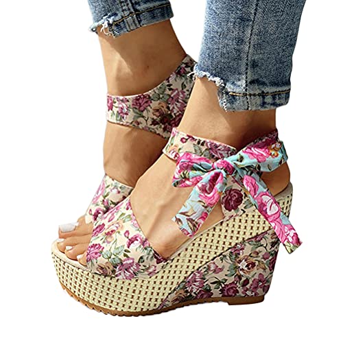 Tomwell Sandalen Sommer Damen Casual Keilabsatz Wedges Offene Schuhe Mit Absatz Sandaletten Strandschuhe Riemchensandalen Flip Flops Freizeit Sommerschuhe Z Rosa 39 EU von Tomwell