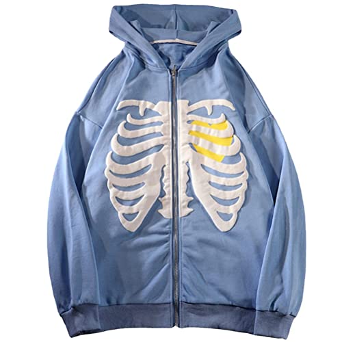 Tomwell Skelett Zip Up Hoodie für Damen Herren Goth Skelett Graphics Jacke Herbst Frühling Harajuku für Paare Sweatshirt Vintage Kordelzug Sweatjacke mit Kapuze A Blau M von Tomwell