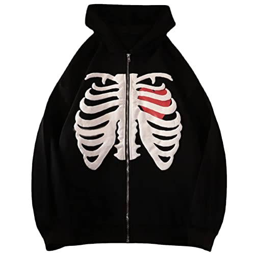 Tomwell Skelett Zip Up Hoodie für Damen Herren Goth Skelett Graphics Jacke Herbst Frühling Harajuku für Paare Sweatshirt Vintage Kordelzug Sweatjacke mit Kapuze A Schwarz XL von Tomwell